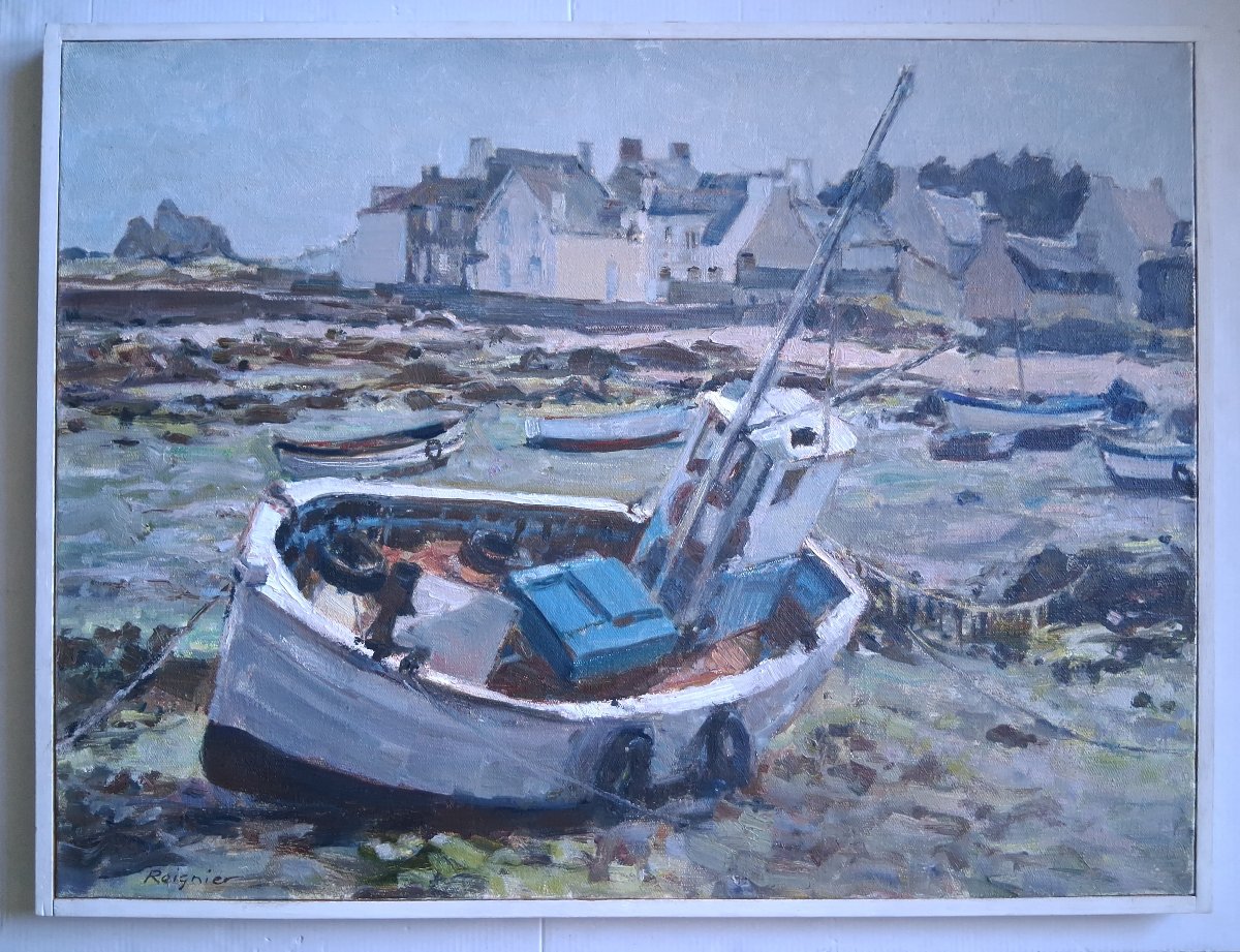 Bernard Reignier (1921–1986) Oil On Canvas Marine Boat At Low Tide In Brittany