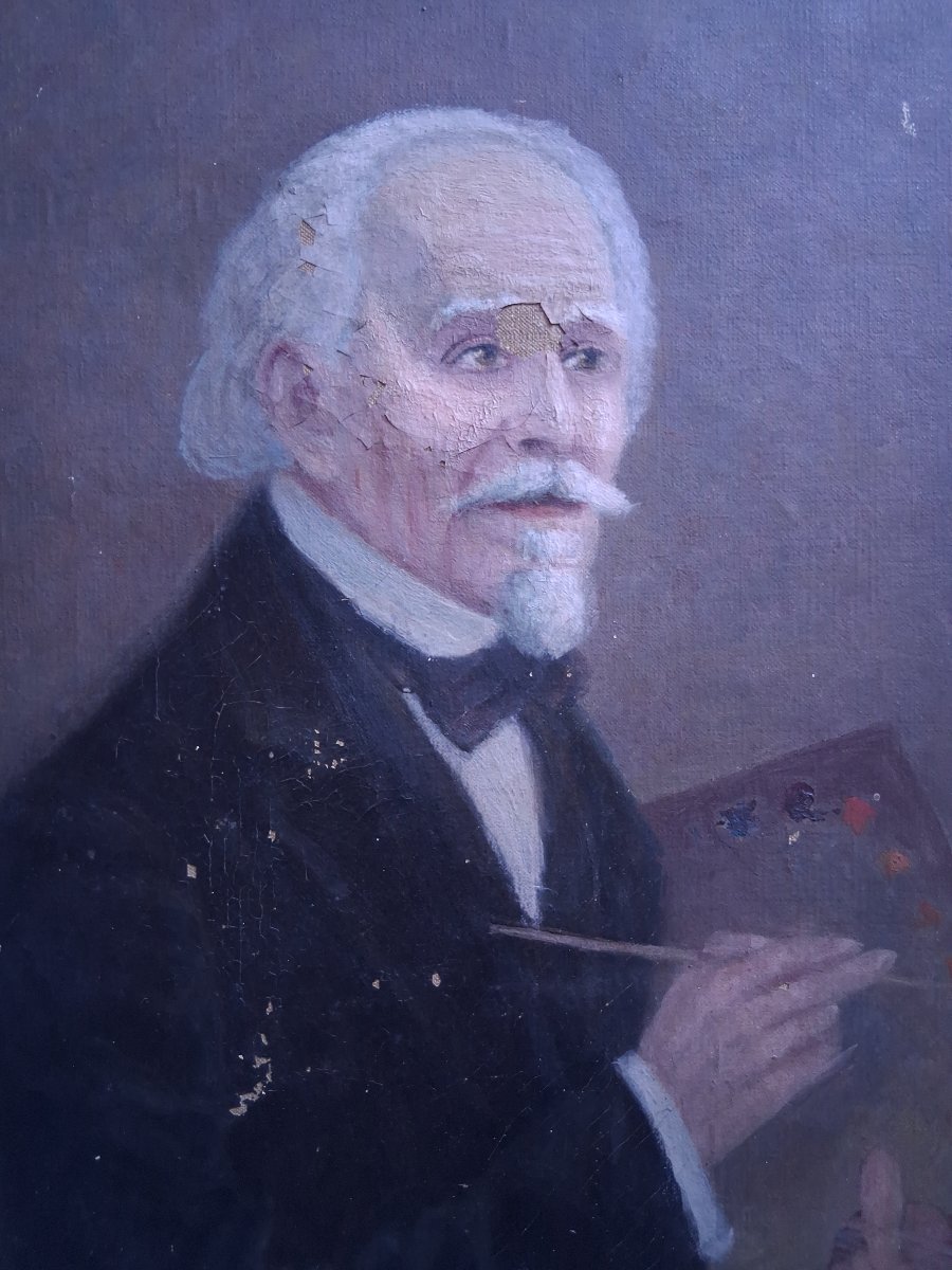 Huile sur toile portrait de peintre 19ème-photo-3