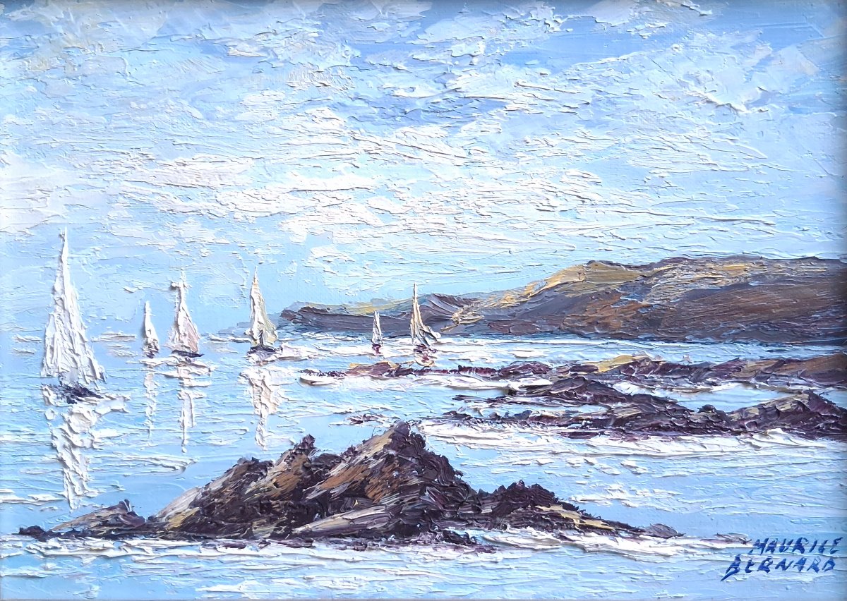 Maurice BERNARD (1927-2005) "Les régates" paysage marin Bretagne huile sur toile-photo-2