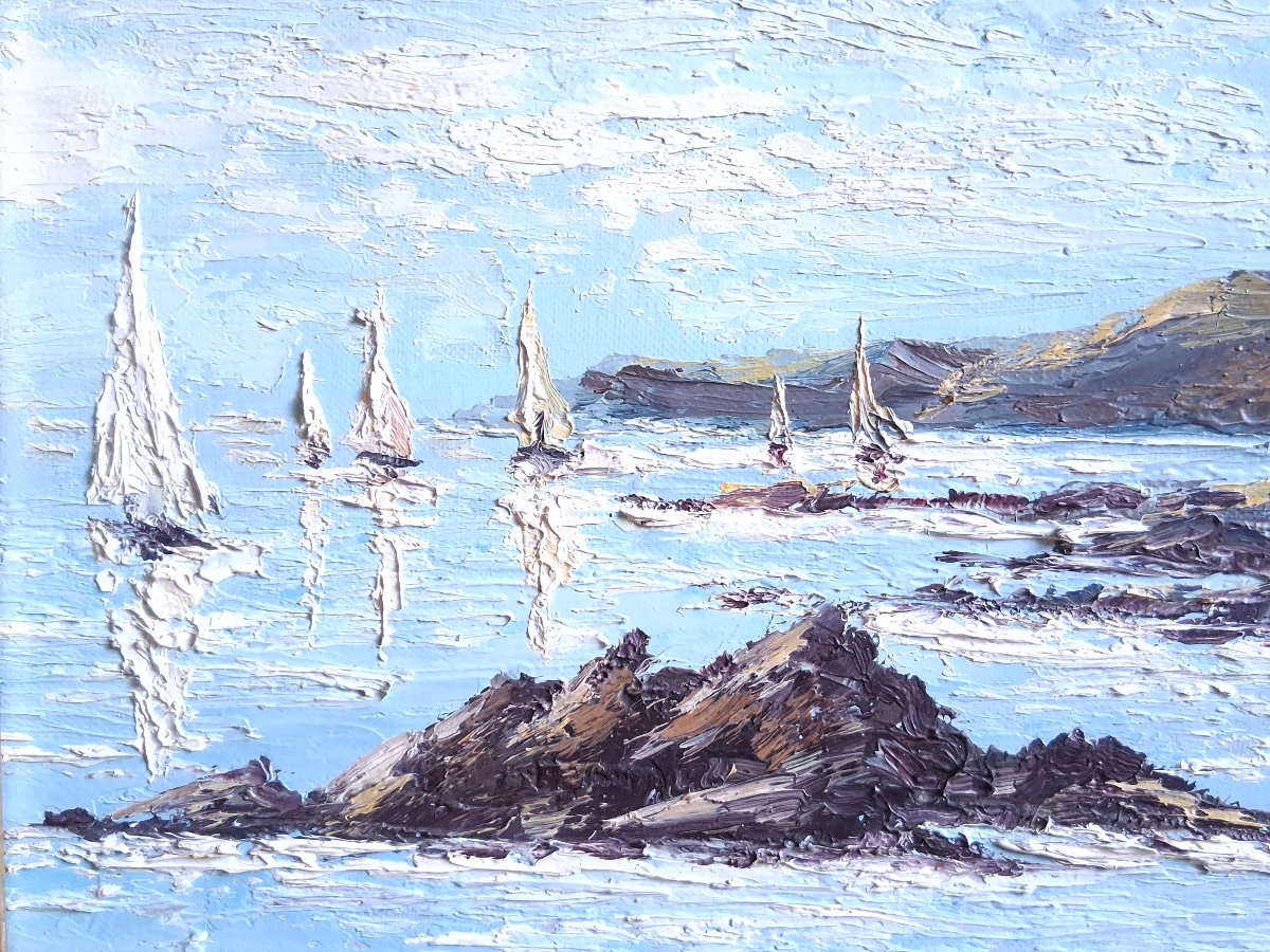 Maurice BERNARD (1927-2005) "Les régates" paysage marin Bretagne huile sur toile-photo-3