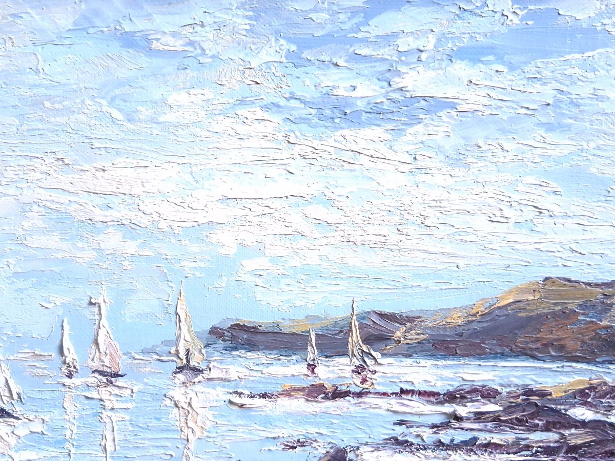 Maurice BERNARD (1927-2005) "Les régates" paysage marin Bretagne huile sur toile-photo-1