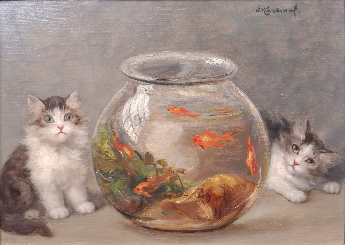 Emile Valentin Cardinal (1883–1958) Kittens And Goldfish, Oil On Wood-photo-2