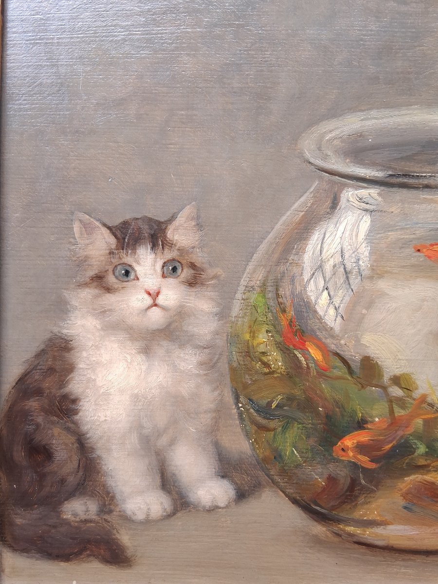 Emile Valentin Cardinal (1883–1958) Kittens And Goldfish, Oil On Wood-photo-3