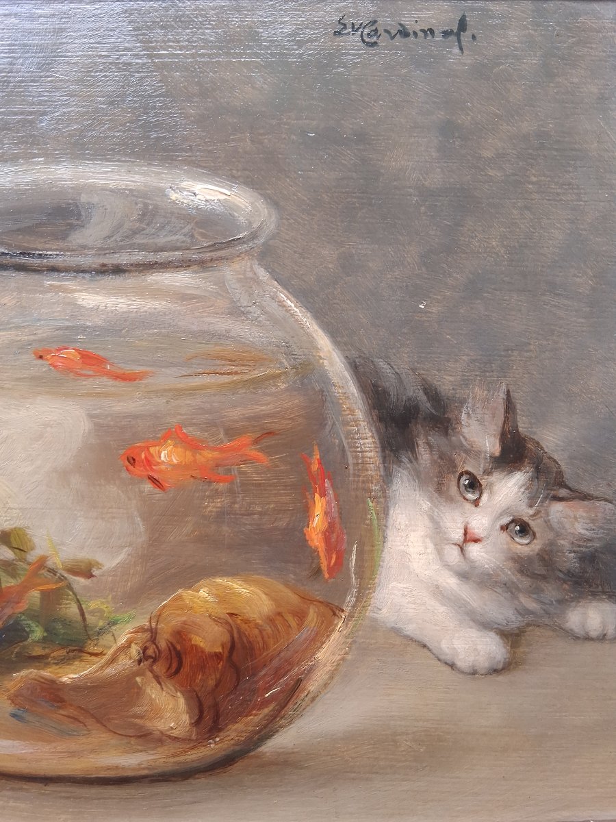 Emile Valentin Cardinal (1883–1958) Kittens And Goldfish, Oil On Wood-photo-4