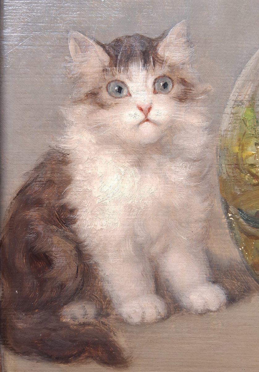 Emile Valentin Cardinal (1883–1958) Kittens And Goldfish, Oil On Wood-photo-2