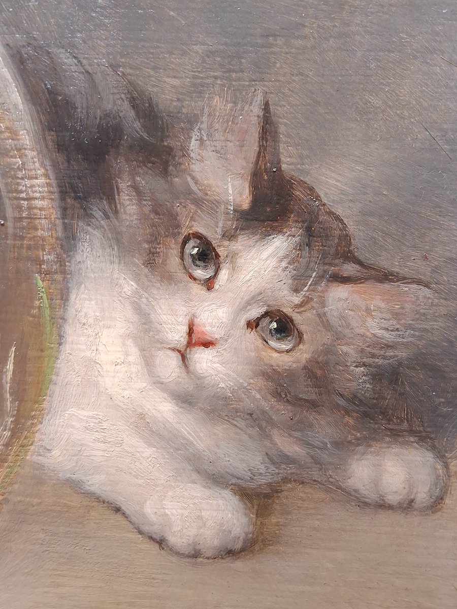 Emile Valentin Cardinal (1883–1958) Kittens And Goldfish, Oil On Wood-photo-4