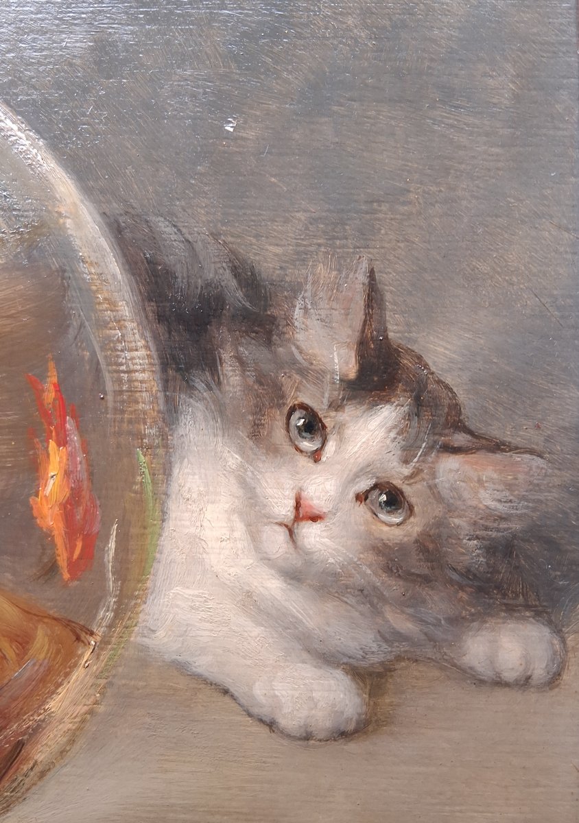 Emile Valentin Cardinal (1883–1958) Kittens And Goldfish, Oil On Wood-photo-8