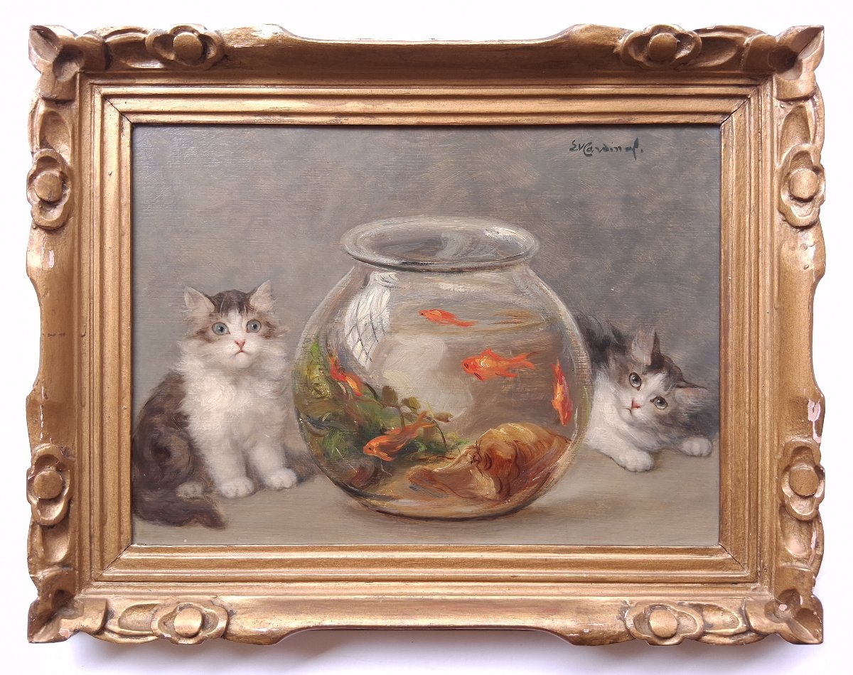 Emile Valentin Cardinal (1883–1958) Kittens And Goldfish, Oil On Wood