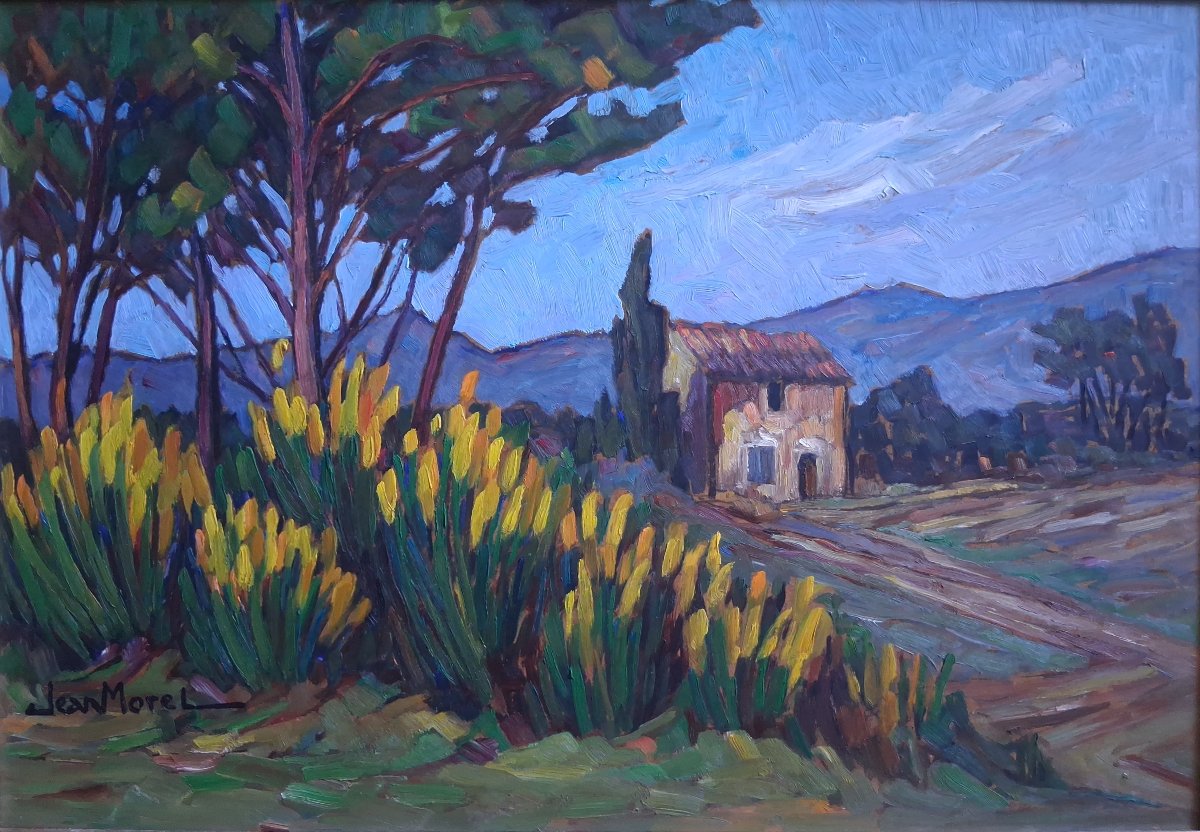 Jean Morel Provençal Landscape "genêts Vers  Le Barroux" Oil On Panel 1957-photo-2