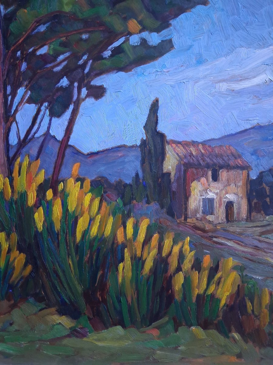 Jean Morel Provençal Landscape "genêts Vers  Le Barroux" Oil On Panel 1957-photo-4