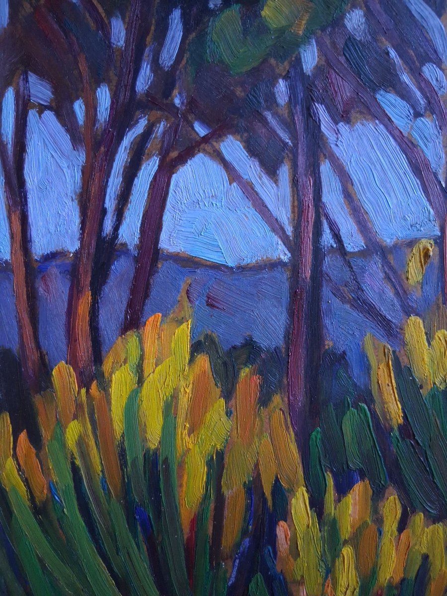Jean Morel Provençal Landscape "genêts Vers  Le Barroux" Oil On Panel 1957-photo-2