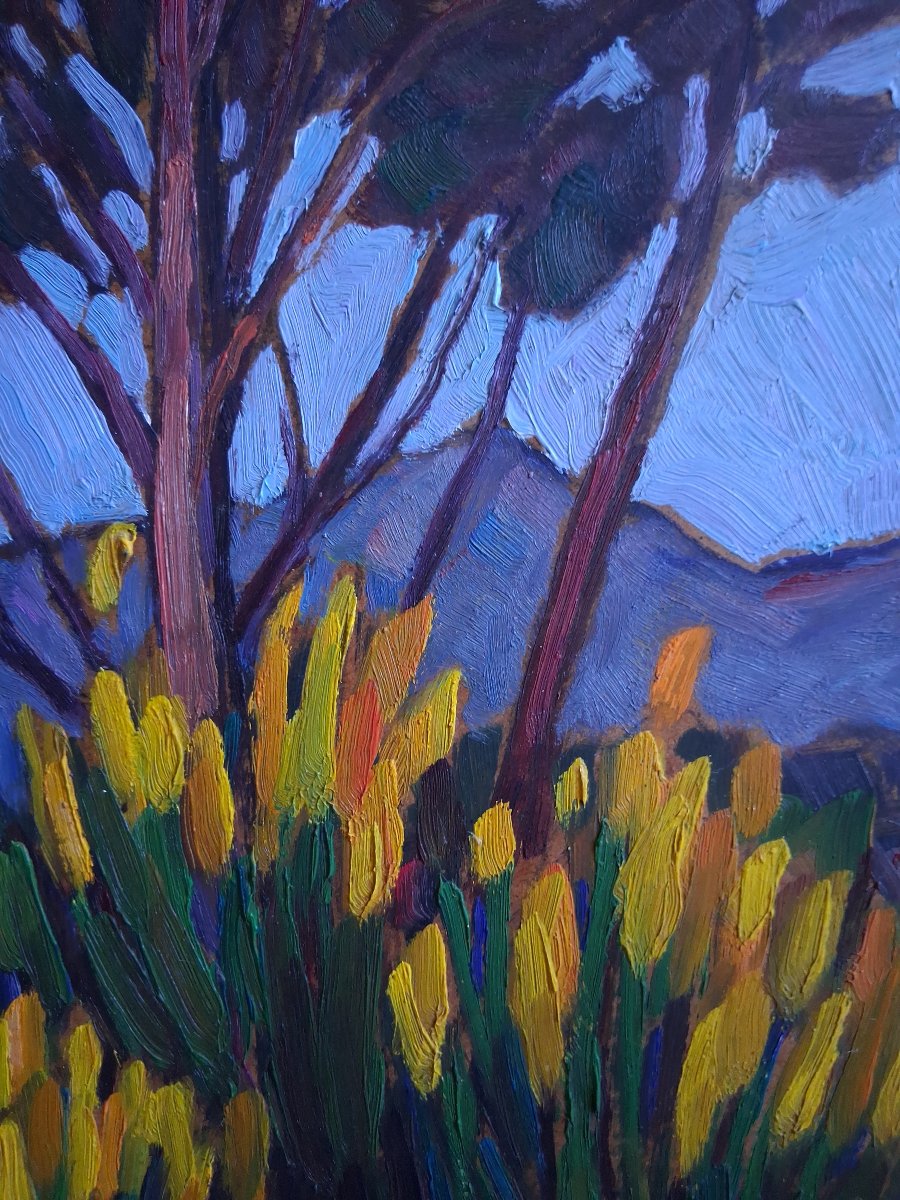 Jean Morel Provençal Landscape "genêts Vers  Le Barroux" Oil On Panel 1957-photo-3