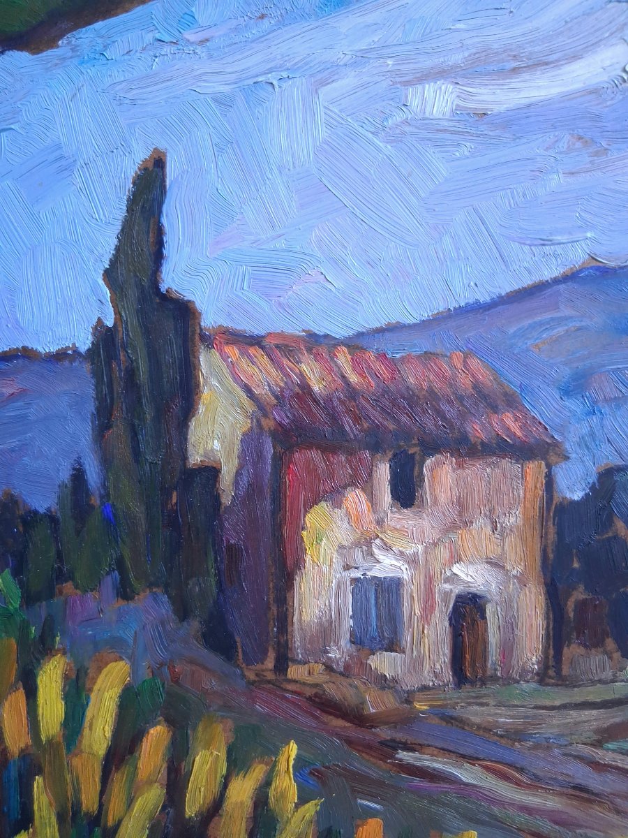 Jean Morel Provençal Landscape "genêts Vers  Le Barroux" Oil On Panel 1957-photo-4