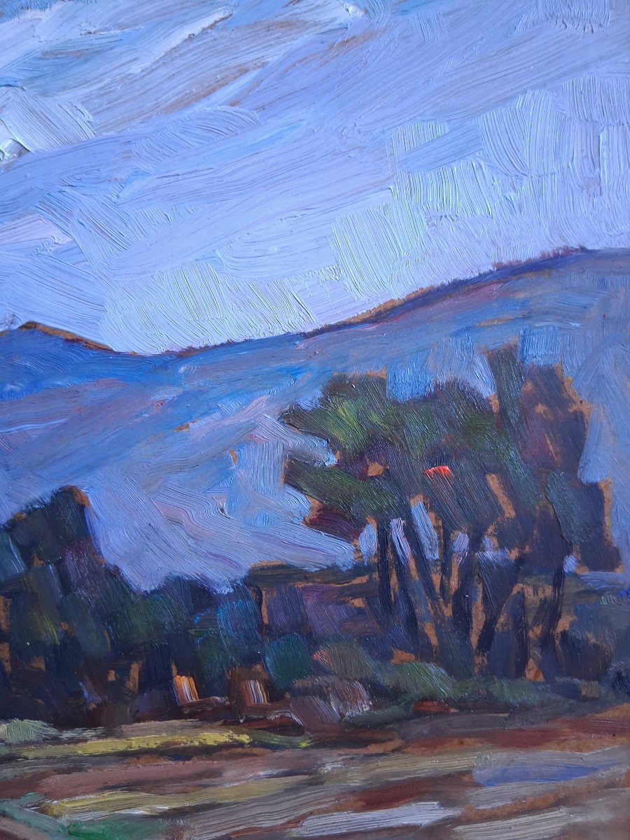 Jean Morel Provençal Landscape "genêts Vers  Le Barroux" Oil On Panel 1957-photo-5