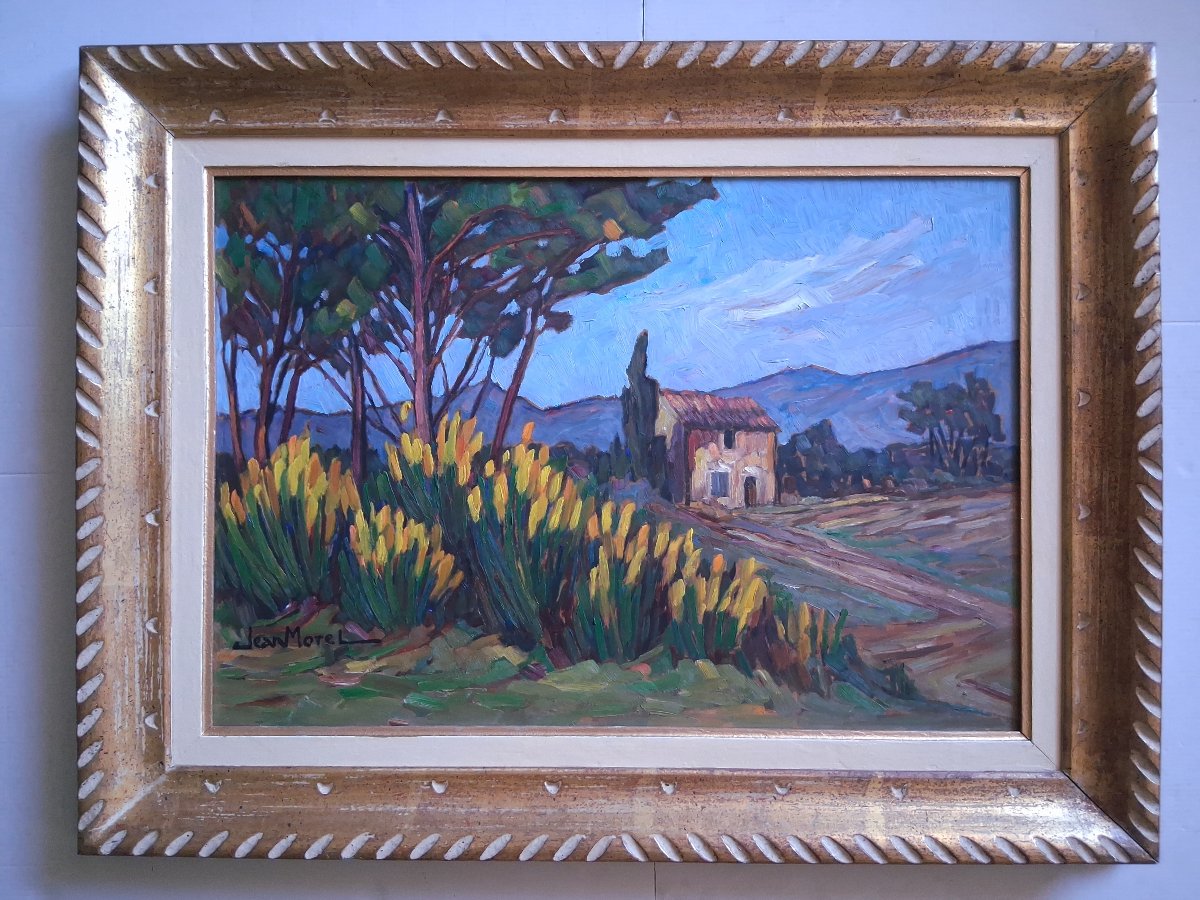Jean Morel Provençal Landscape "genêts Vers  Le Barroux" Oil On Panel 1957