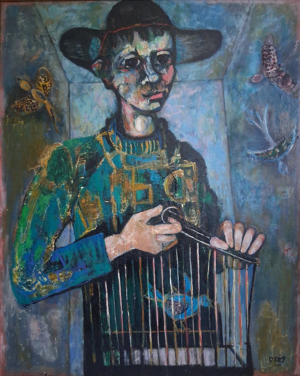 Coline Ores Oil On Canvas "the Birdcatcher" 1962-photo-2