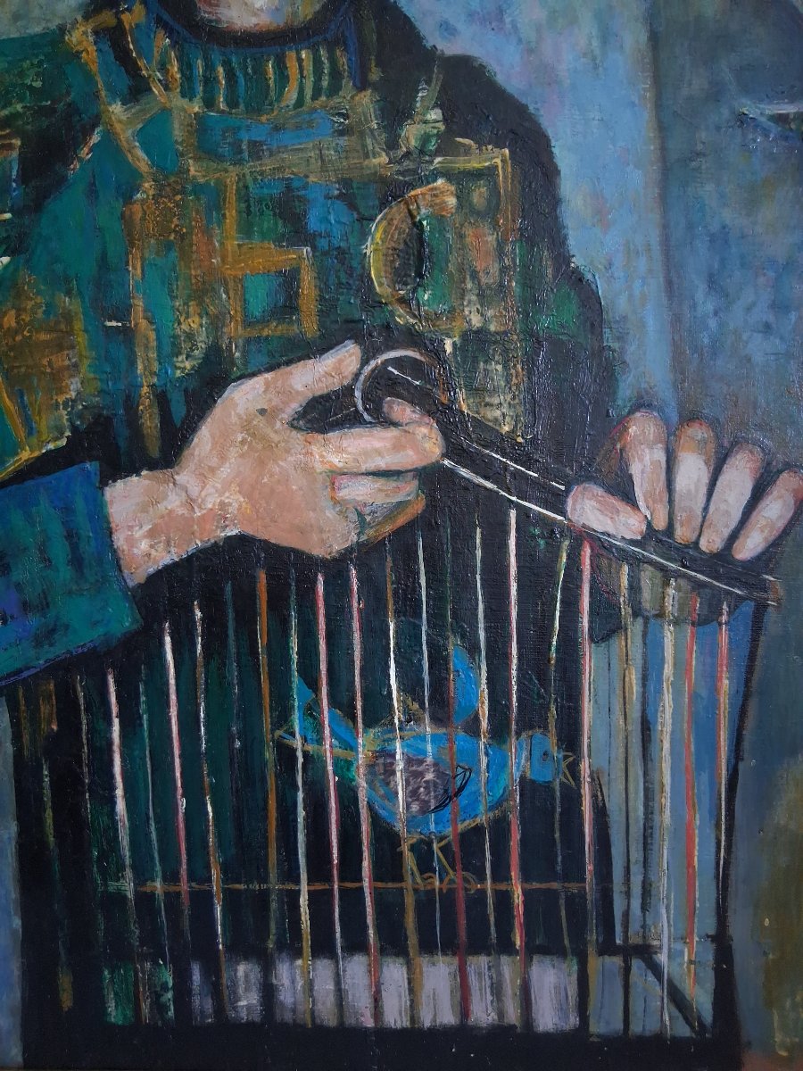 Coline Ores Oil On Canvas "the Birdcatcher" 1962-photo-4