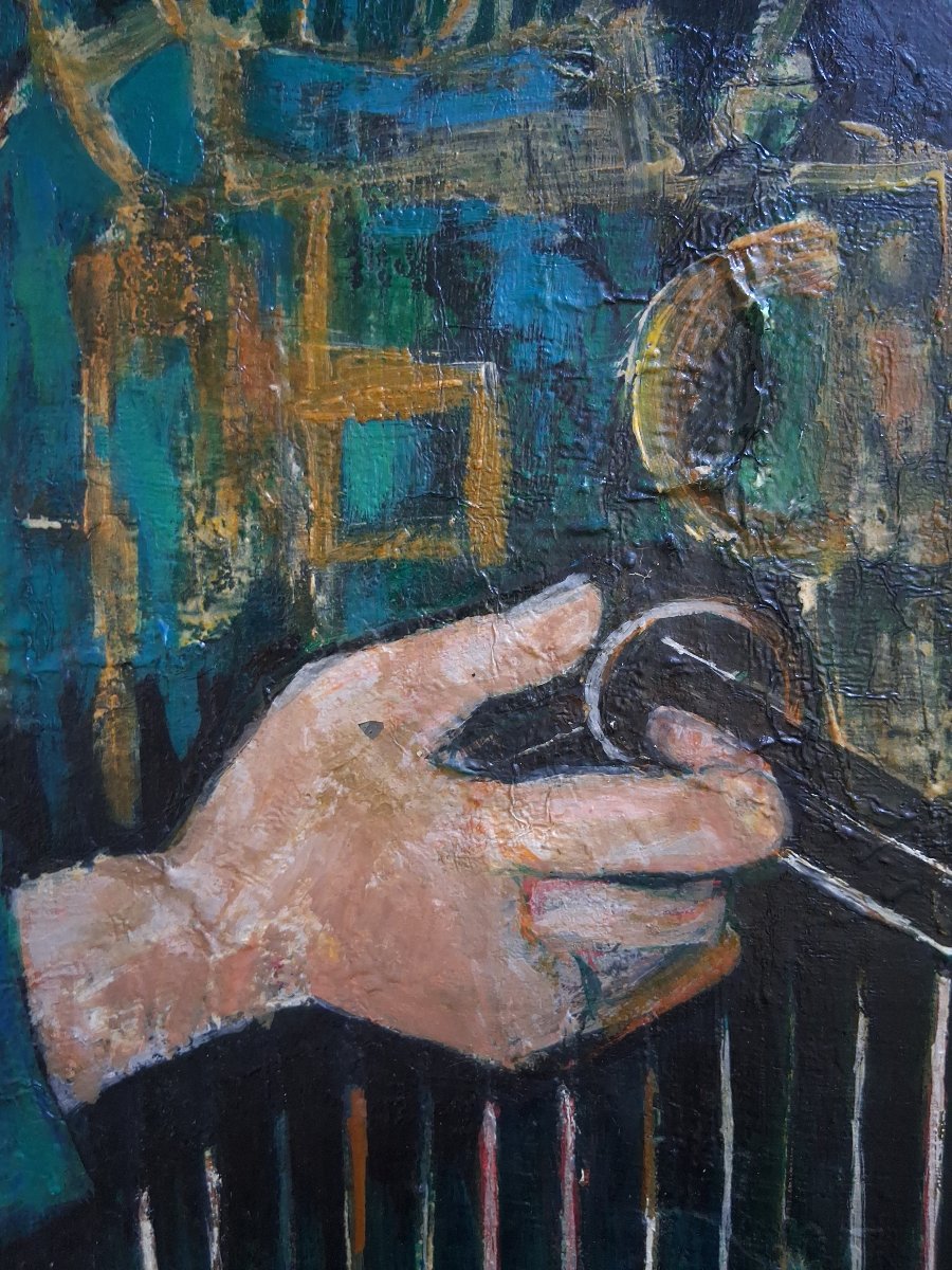 Coline Ores Oil On Canvas "the Birdcatcher" 1962-photo-3
