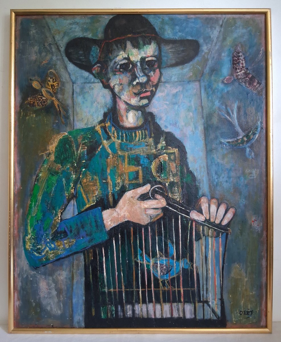 Coline Ores Oil On Canvas "the Birdcatcher" 1962