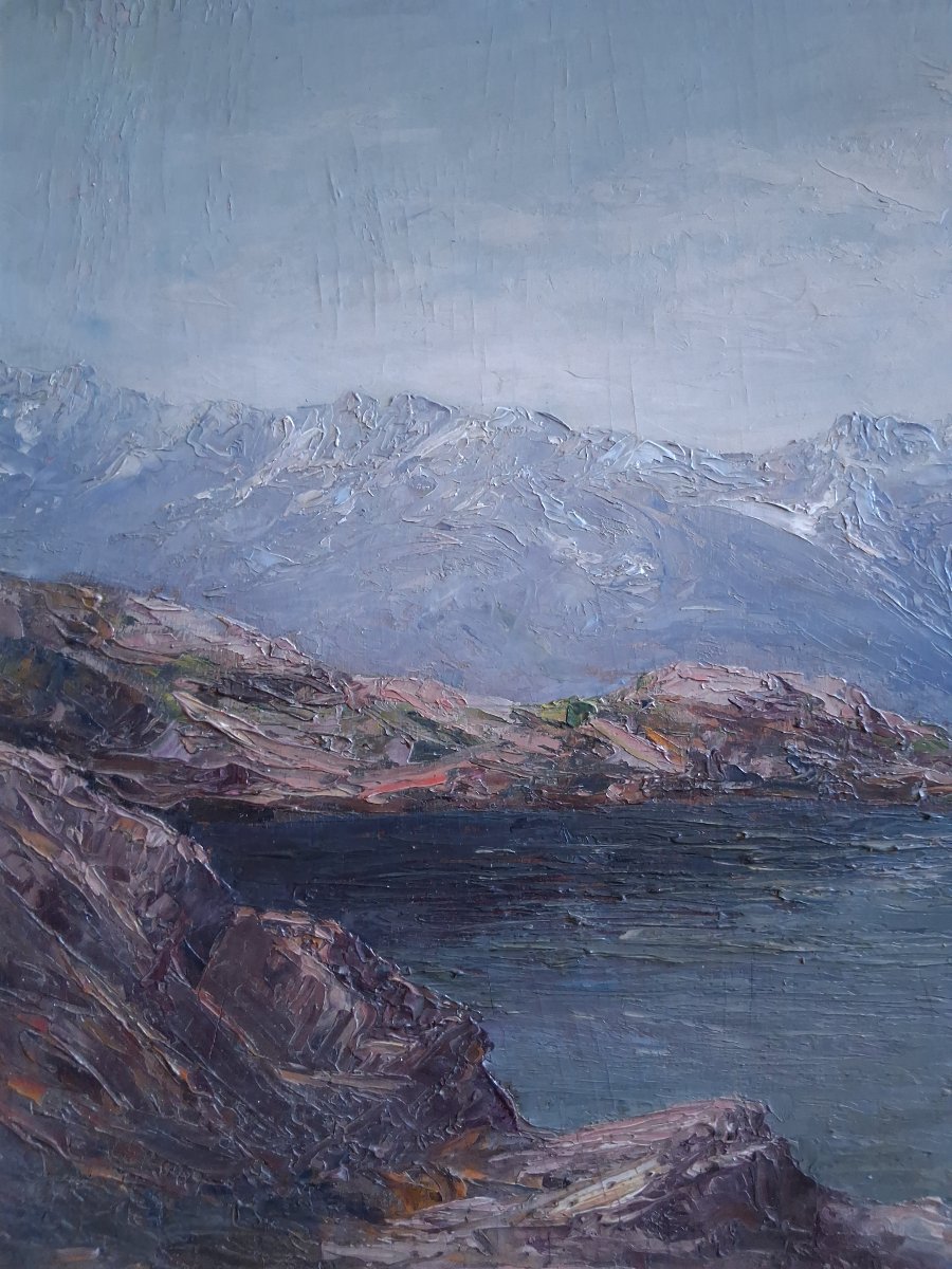 Emile Veron (1881–1931) Lake Pétarel And Pic De l'Olan Alps Mountain Landscape Oil On Wood-photo-2