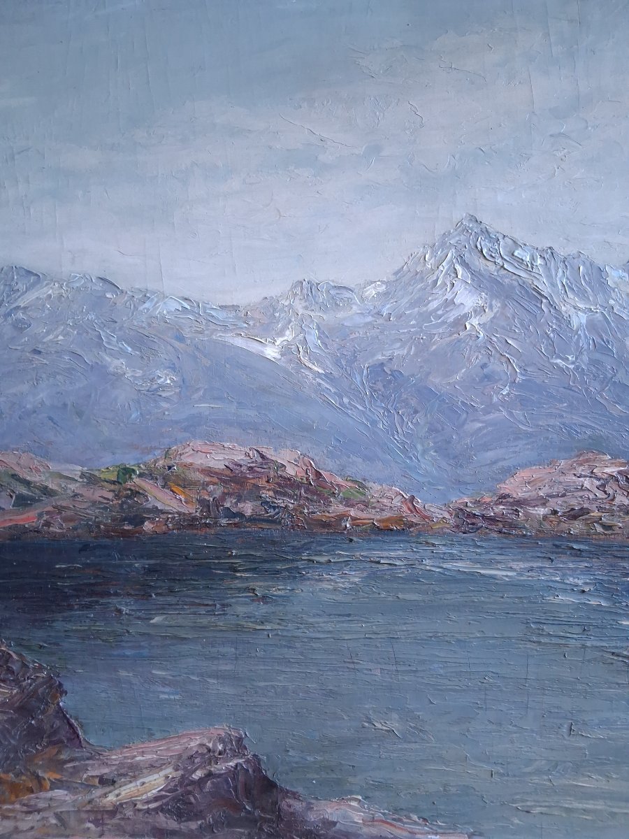 Emile Veron (1881–1931) Lake Pétarel And Pic De l'Olan Alps Mountain Landscape Oil On Wood-photo-3