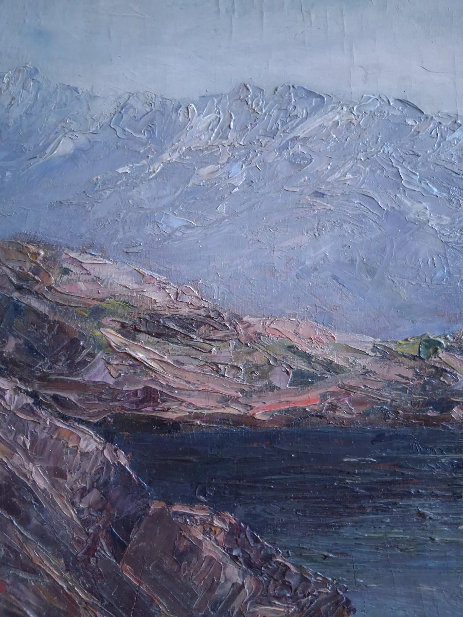 Emile Veron (1881–1931) Lake Pétarel And Pic De l'Olan Alps Mountain Landscape Oil On Wood-photo-1