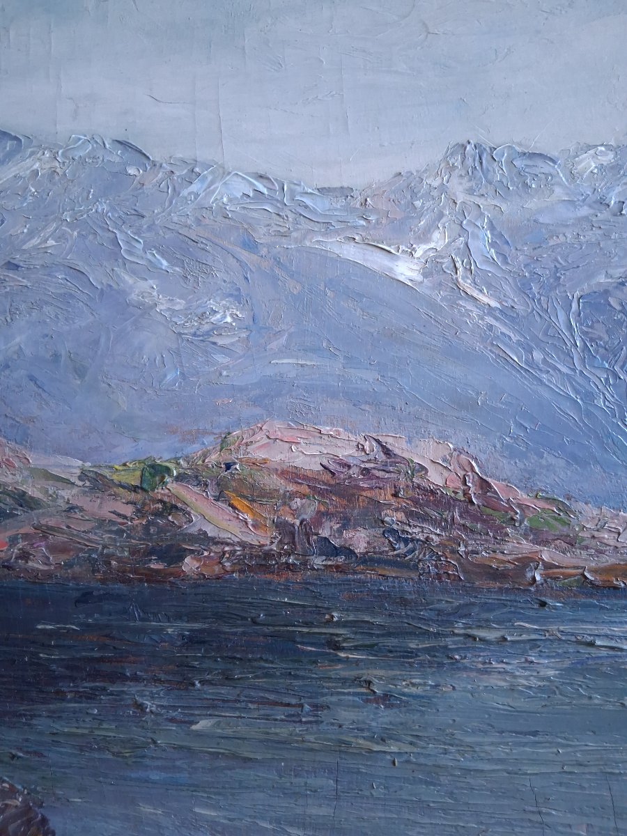 Emile Veron (1881–1931) Lake Pétarel And Pic De l'Olan Alps Mountain Landscape Oil On Wood-photo-2