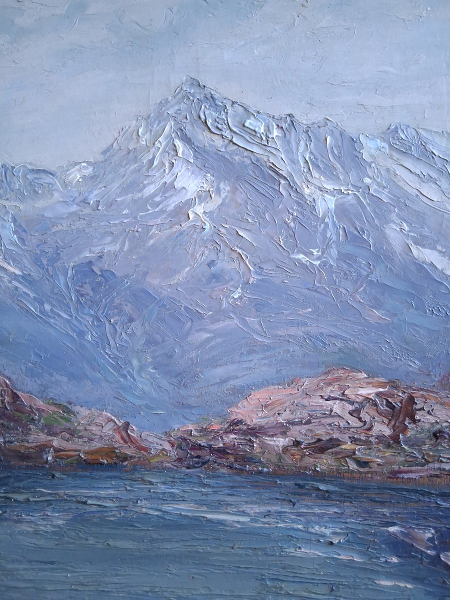 Emile Veron (1881–1931) Lake Pétarel And Pic De l'Olan Alps Mountain Landscape Oil On Wood-photo-3