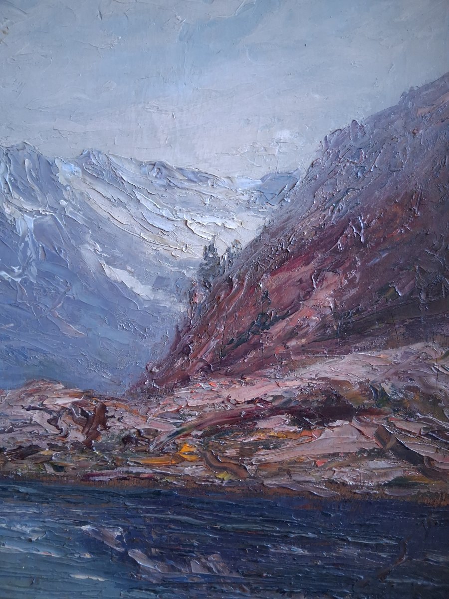 Emile Veron (1881–1931) Lake Pétarel And Pic De l'Olan Alps Mountain Landscape Oil On Wood-photo-4