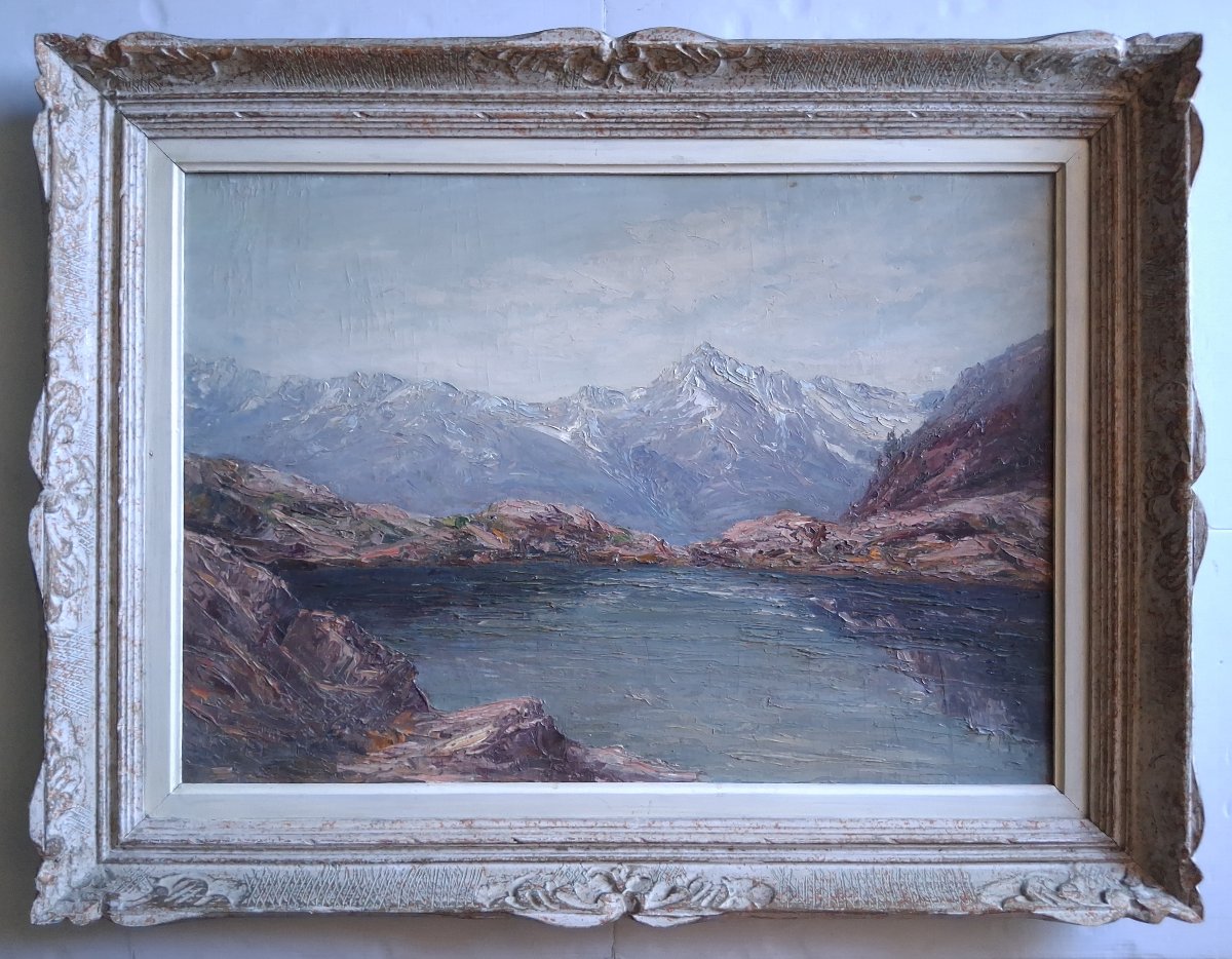 Emile Veron (1881–1931) Lake Pétarel And Pic De l'Olan Alps Mountain Landscape Oil On Wood