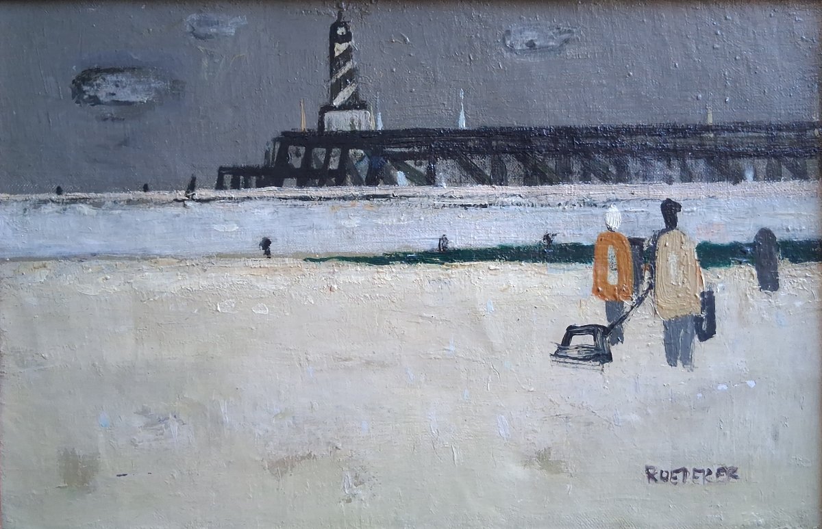 Claude ROEDERER (1924-1988) huile sur toile scène de plage phare Bretagne 1957-photo-2