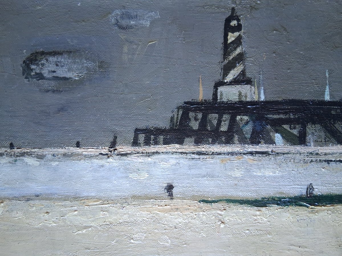 Claude ROEDERER (1924-1988) huile sur toile scène de plage phare Bretagne 1957-photo-3