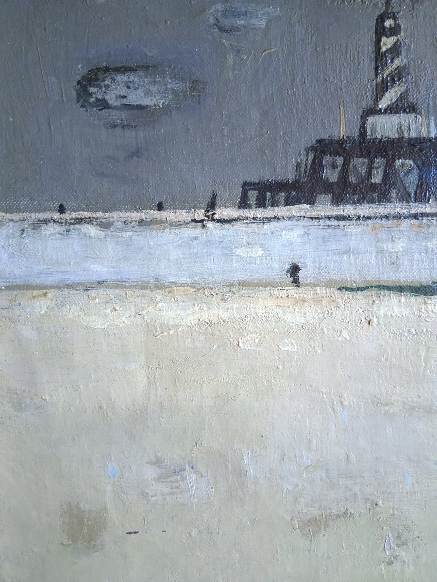 Claude ROEDERER (1924-1988) huile sur toile scène de plage phare Bretagne 1957-photo-1