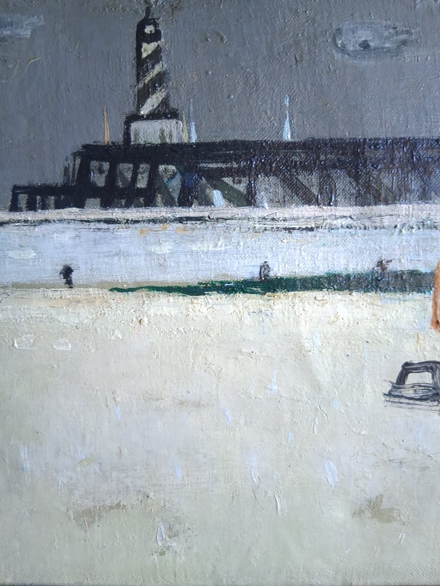 Claude ROEDERER (1924-1988) huile sur toile scène de plage phare Bretagne 1957-photo-2