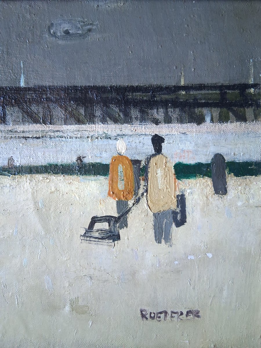 Claude ROEDERER (1924-1988) huile sur toile scène de plage phare Bretagne 1957-photo-3