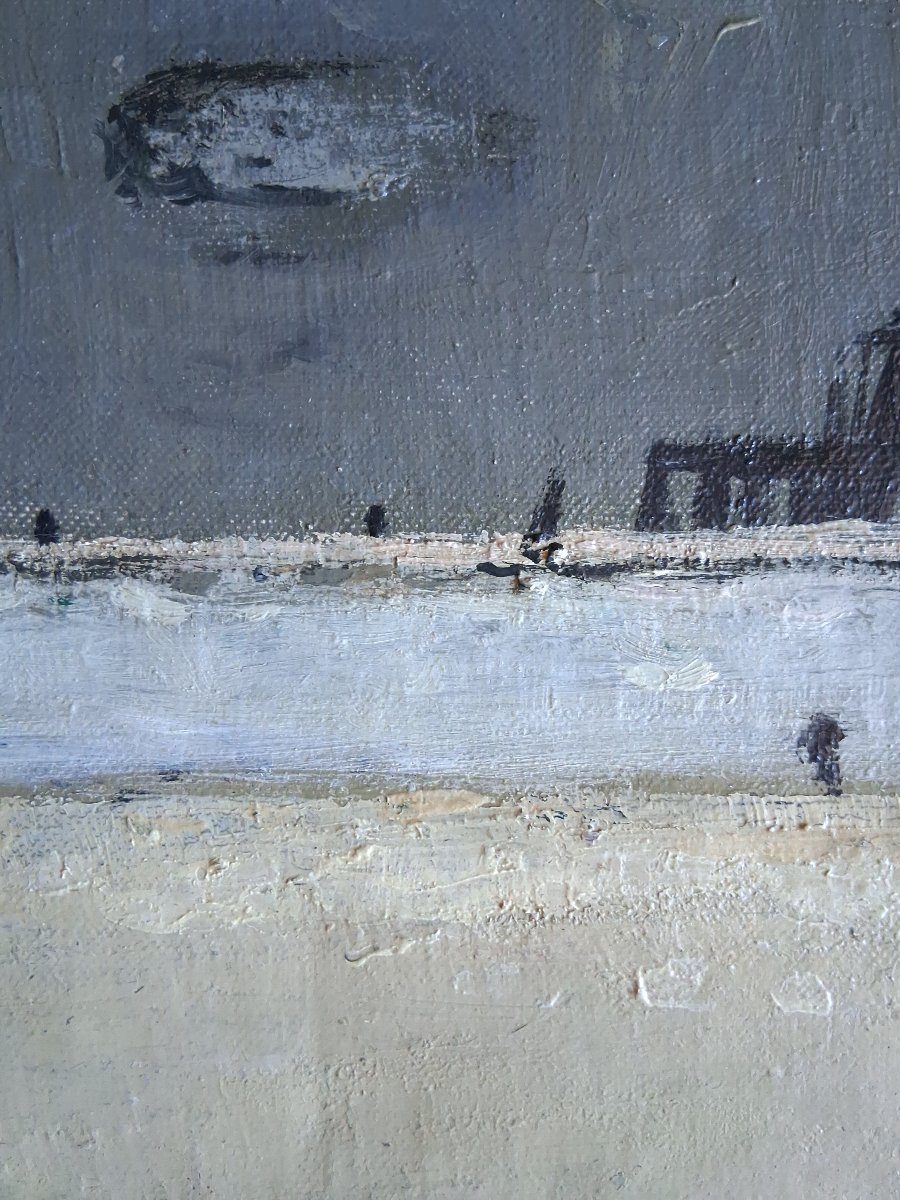 Claude ROEDERER (1924-1988) huile sur toile scène de plage phare Bretagne 1957-photo-4