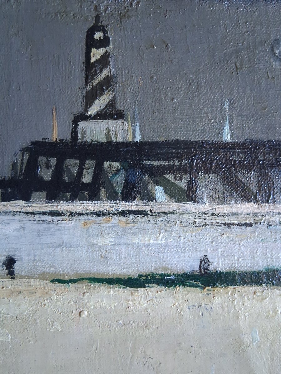 Claude ROEDERER (1924-1988) huile sur toile scène de plage phare Bretagne 1957-photo-5