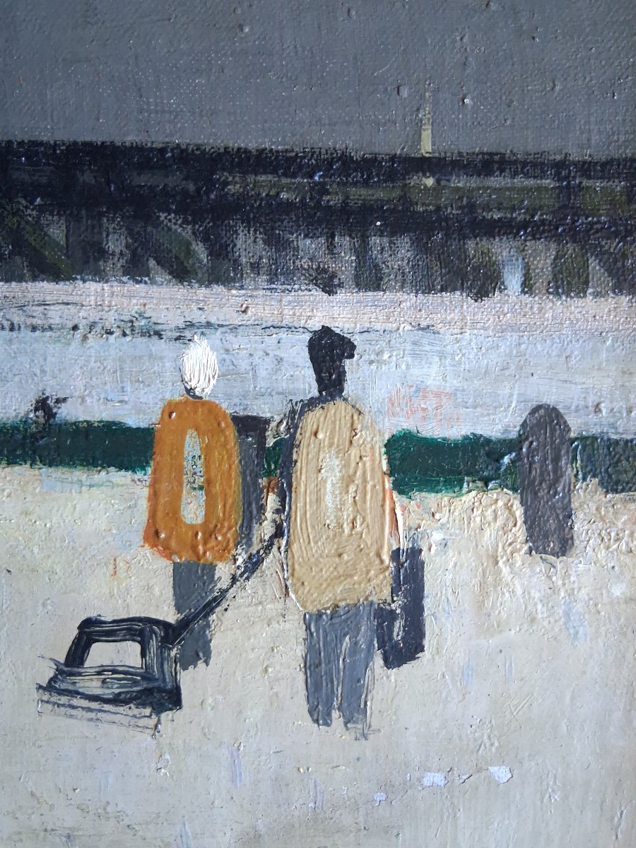 Claude ROEDERER (1924-1988) huile sur toile scène de plage phare Bretagne 1957-photo-6