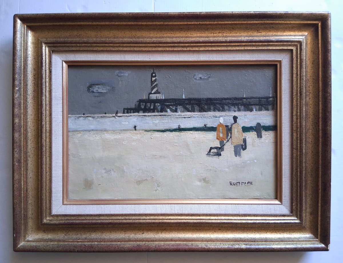 Claude ROEDERER (1924-1988) huile sur toile scène de plage phare Bretagne 1957