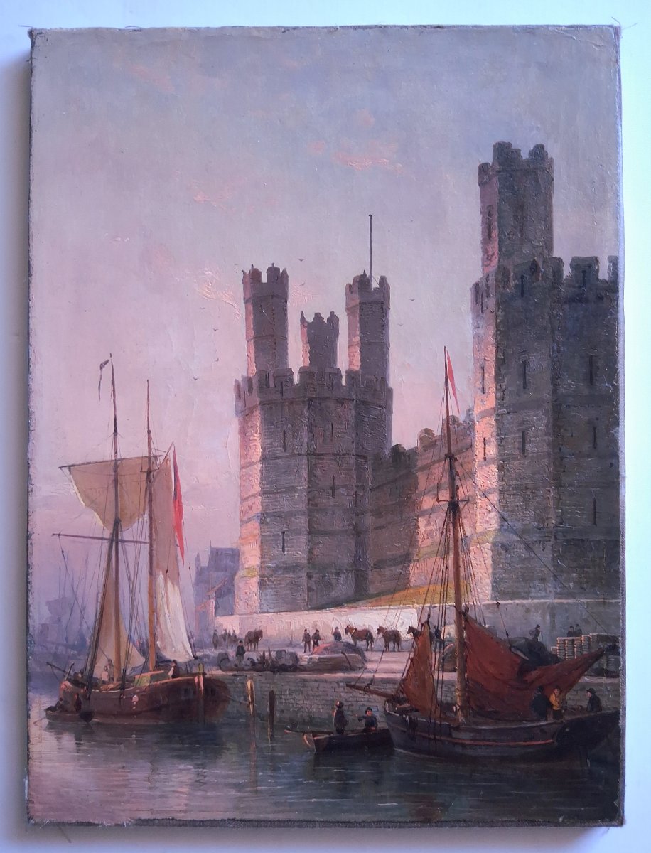 William Raymond Dommersen (1859–1927) Caernarfon Castle Harbour United Kingdom Oil On Canvas-photo-2