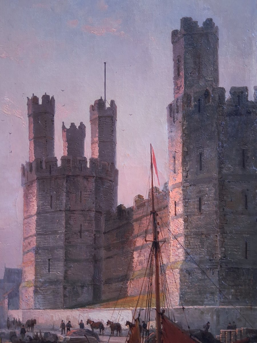 William Raymond Dommersen (1859–1927) Caernarfon Castle Harbour United Kingdom Oil On Canvas-photo-1