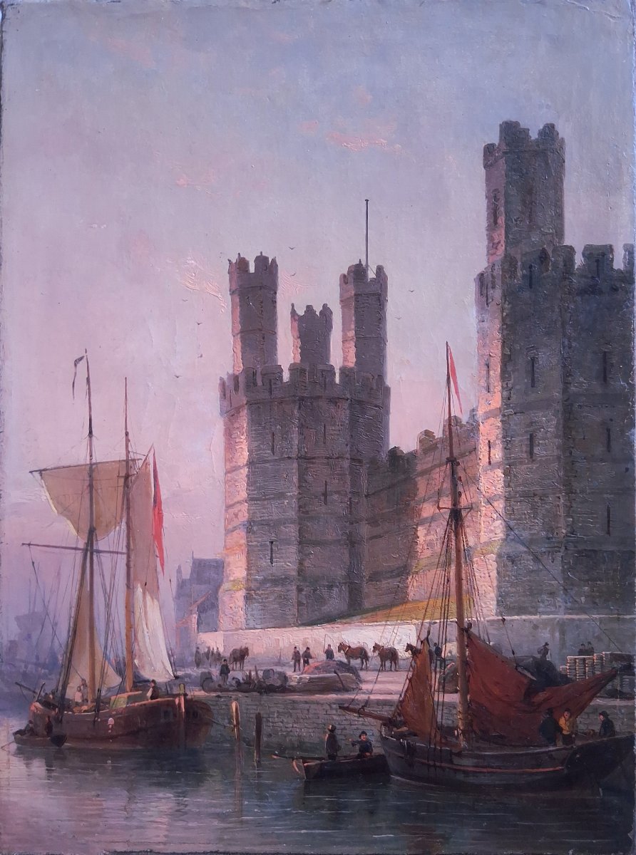 William Raymond Dommersen (1859–1927) Caernarfon Castle Harbour United Kingdom Oil On Canvas
