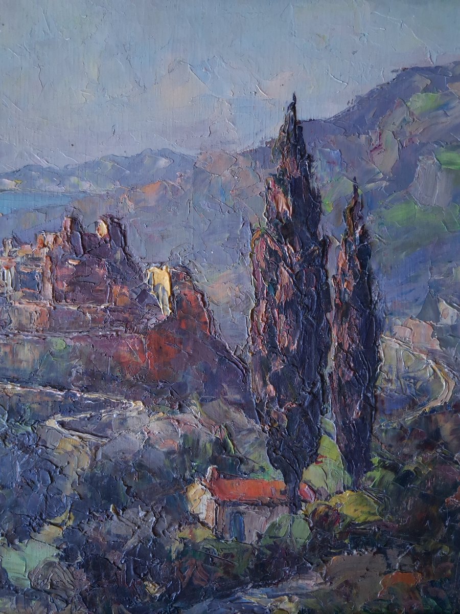 André Beronneau (1886–1973) Village Of èze Côte d'Azur Oil On Wood-photo-1