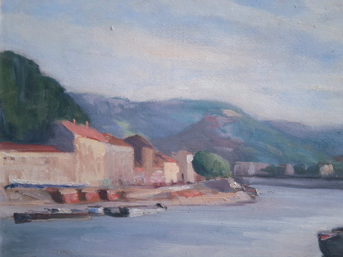 Michel LOCHE (1897-1976) paysage fluvial huile sur panneau Ecole lyonnaise-photo-3