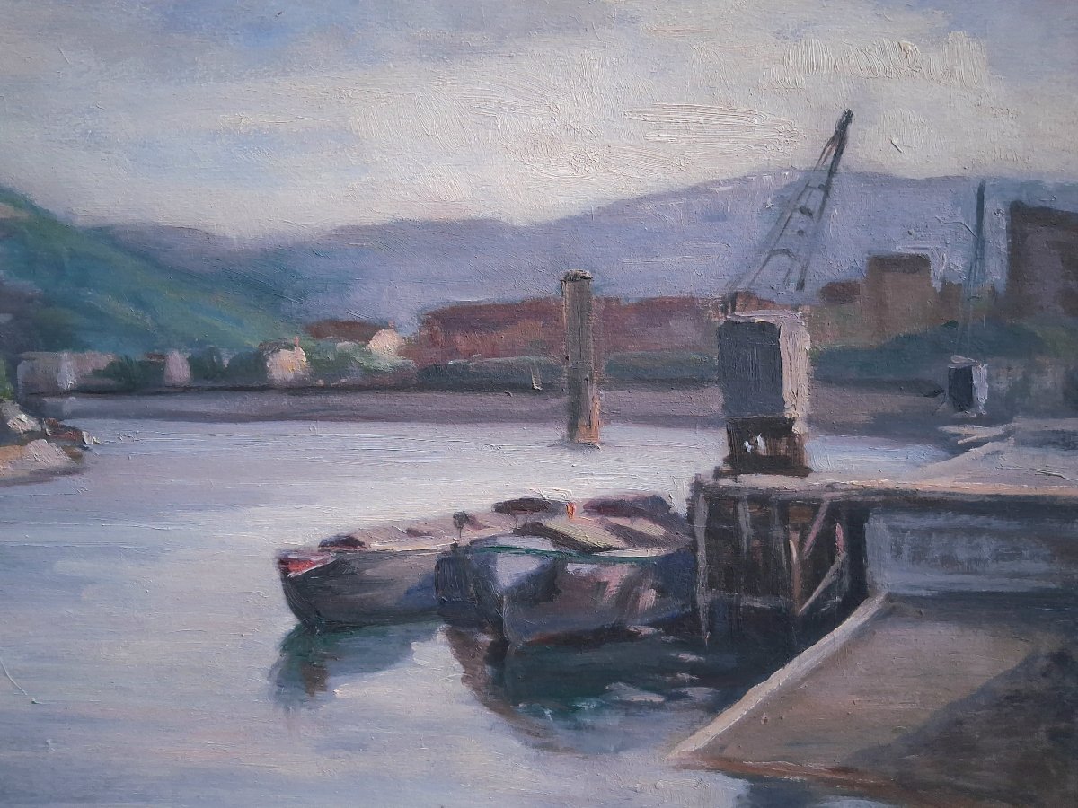 Michel LOCHE (1897-1976) paysage fluvial huile sur panneau Ecole lyonnaise-photo-4