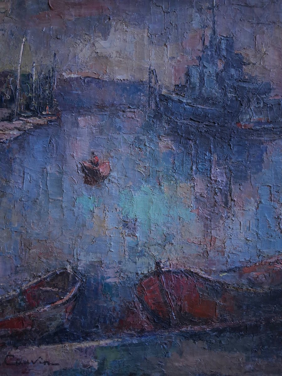 Marie Rose CAUVIN (1901-1978) huile sur toile marine Le Jean Bart port de Toulon-photo-3
