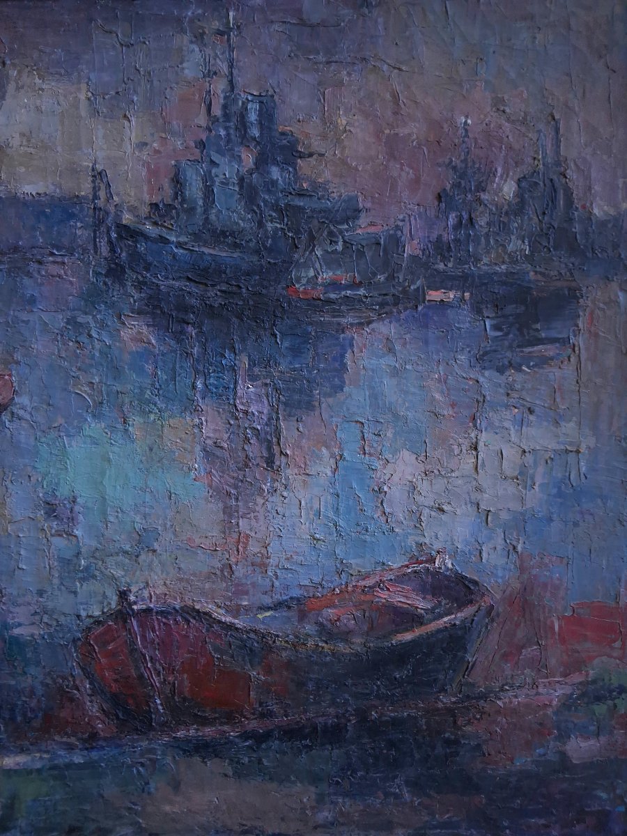 Marie Rose CAUVIN (1901-1978) huile sur toile marine Le Jean Bart port de Toulon-photo-4