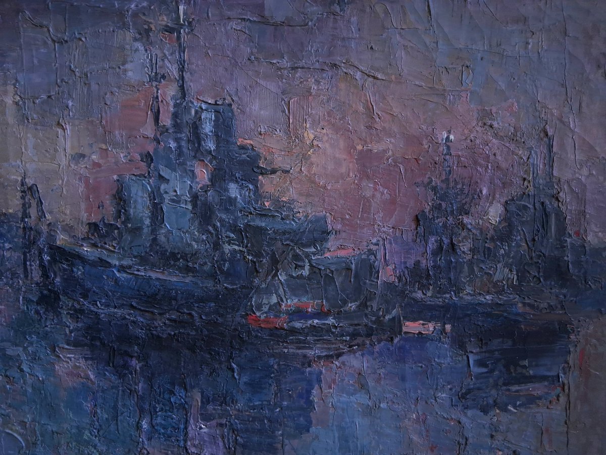 Marie Rose CAUVIN (1901-1978) huile sur toile marine Le Jean Bart port de Toulon-photo-2
