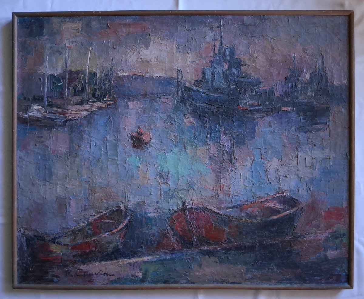 Marie Rose CAUVIN (1901-1978) huile sur toile marine Le Jean Bart port de Toulon