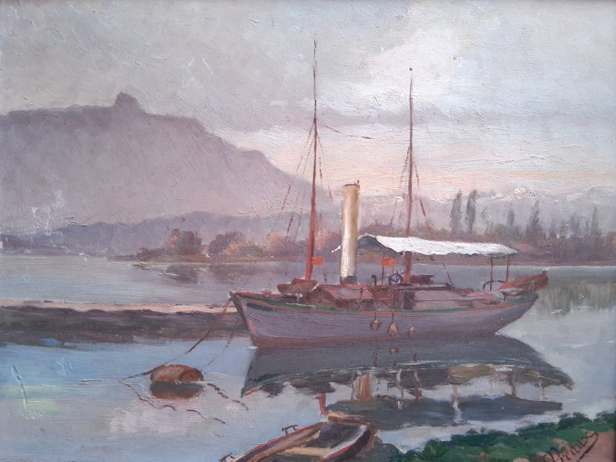 Oil On Panel Lakeside Landscape With Steamboat J. Preaux-photo-2